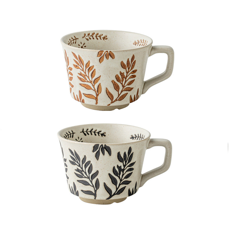 Botanical Pattern Ceramic Soup Mug, White Speckled Porcelain Coffee Cup with Handle, 500ml