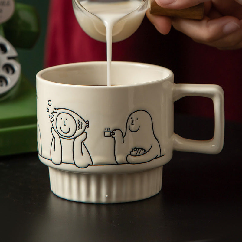 Cartoon Character Ceramic Mug, White Coffee Cup with Square Handle and Ribbed Base, 350ml