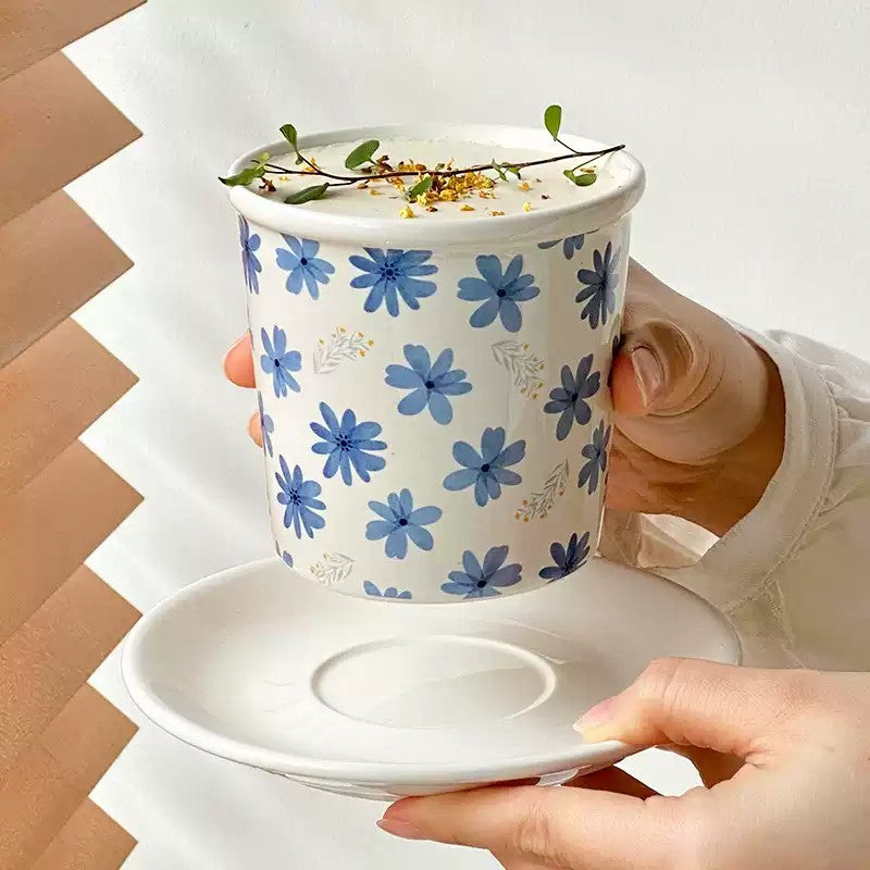 Blue Floral Ceramic Mug, White Coffee and Tea Cup, 400ml