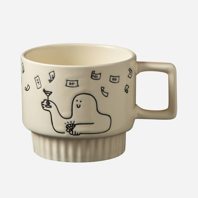Cartoon Character Ceramic Mug, White Coffee Cup with Square Handle and Ribbed Base, 350ml