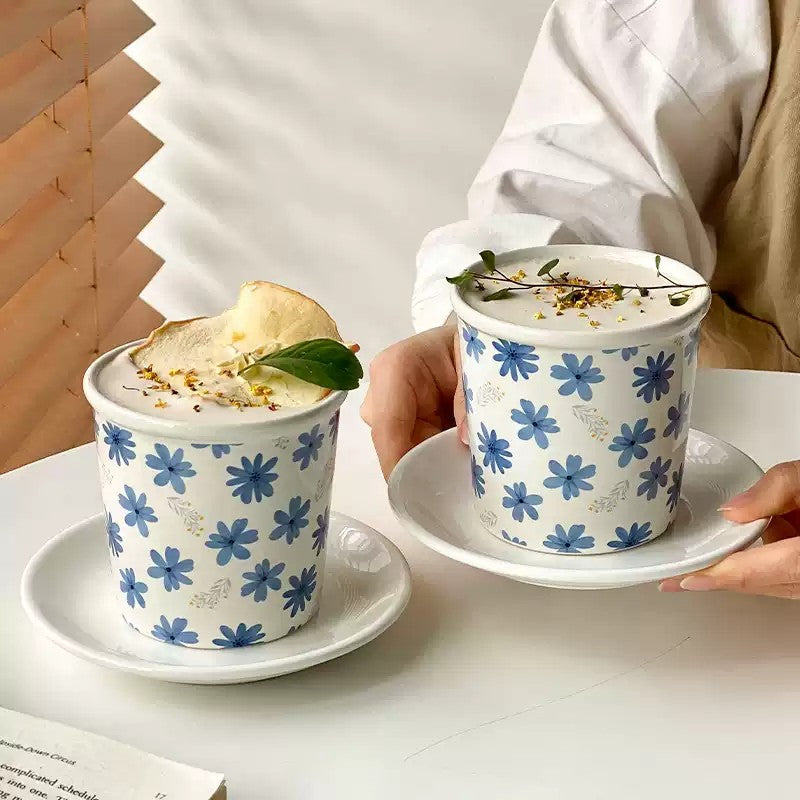 Blue Floral Ceramic Mug, White Coffee and Tea Cup, 400ml
