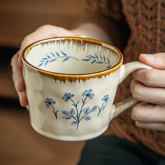 Floral Ceramic Mug with Wooden Lid, White Stoneware Coffee Cup with Handle, 450ml