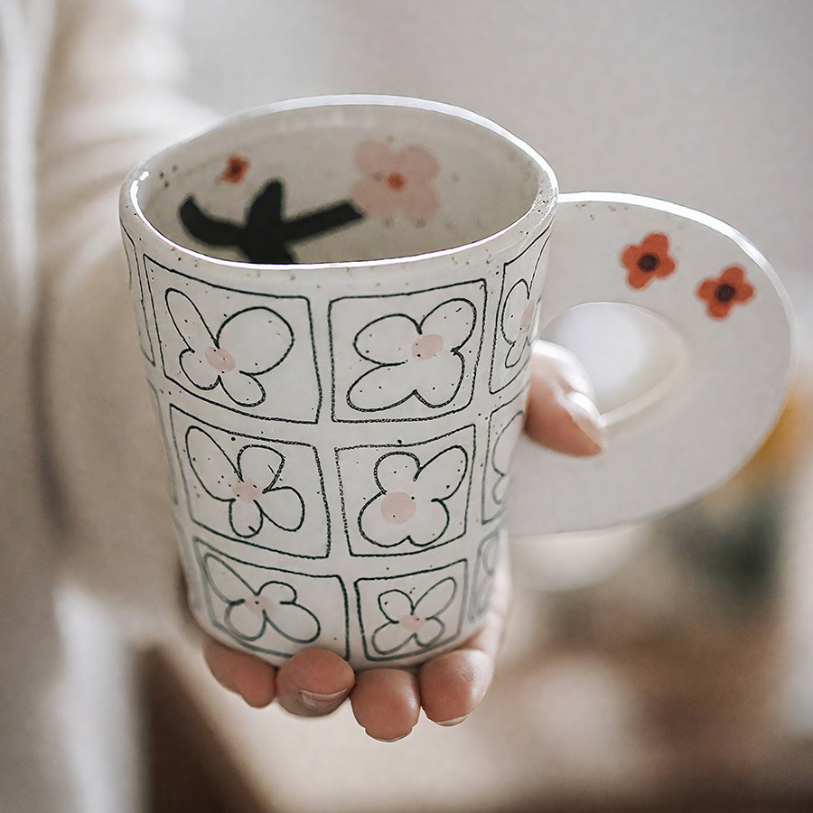 Floral Pattern Ceramic Mug, Coffee Cup with Round Loop Handle, 350ml