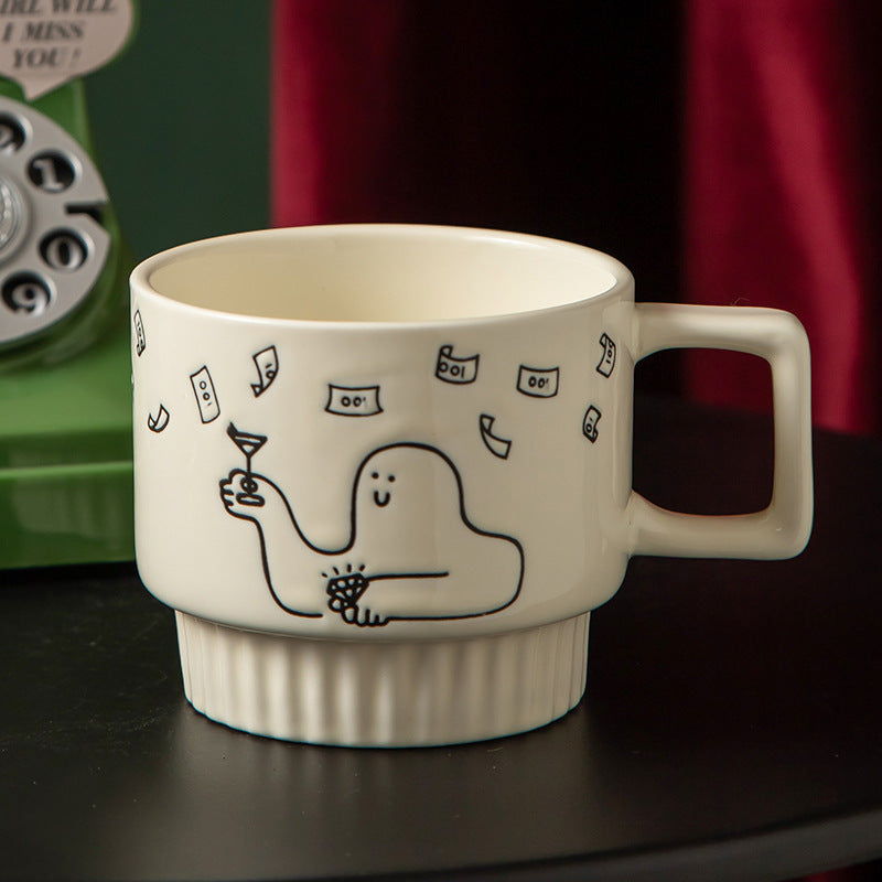 Cartoon Character Ceramic Mug, White Coffee Cup with Square Handle and Ribbed Base, 350ml