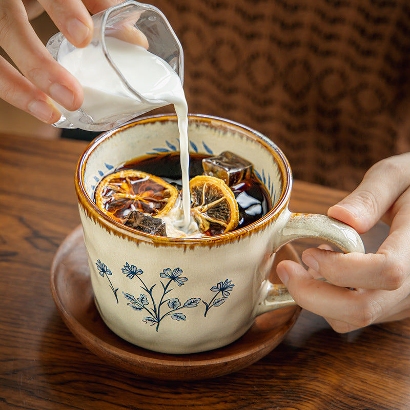 Floral Ceramic Mug with Wooden Lid, White Stoneware Coffee Cup with Handle, 450ml