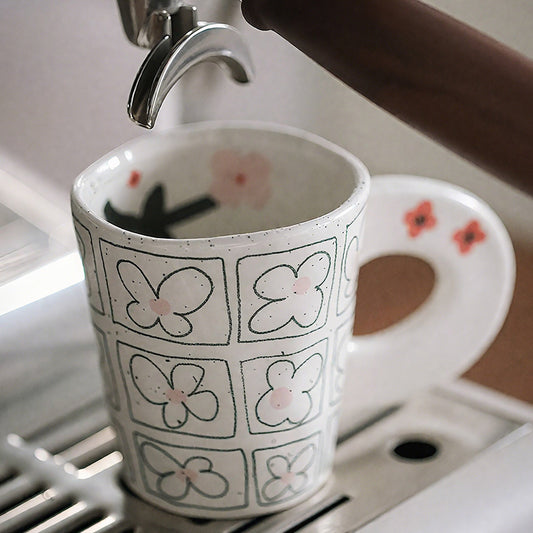 Floral Pattern Ceramic Mug, Coffee Cup with Round Loop Handle, 350ml