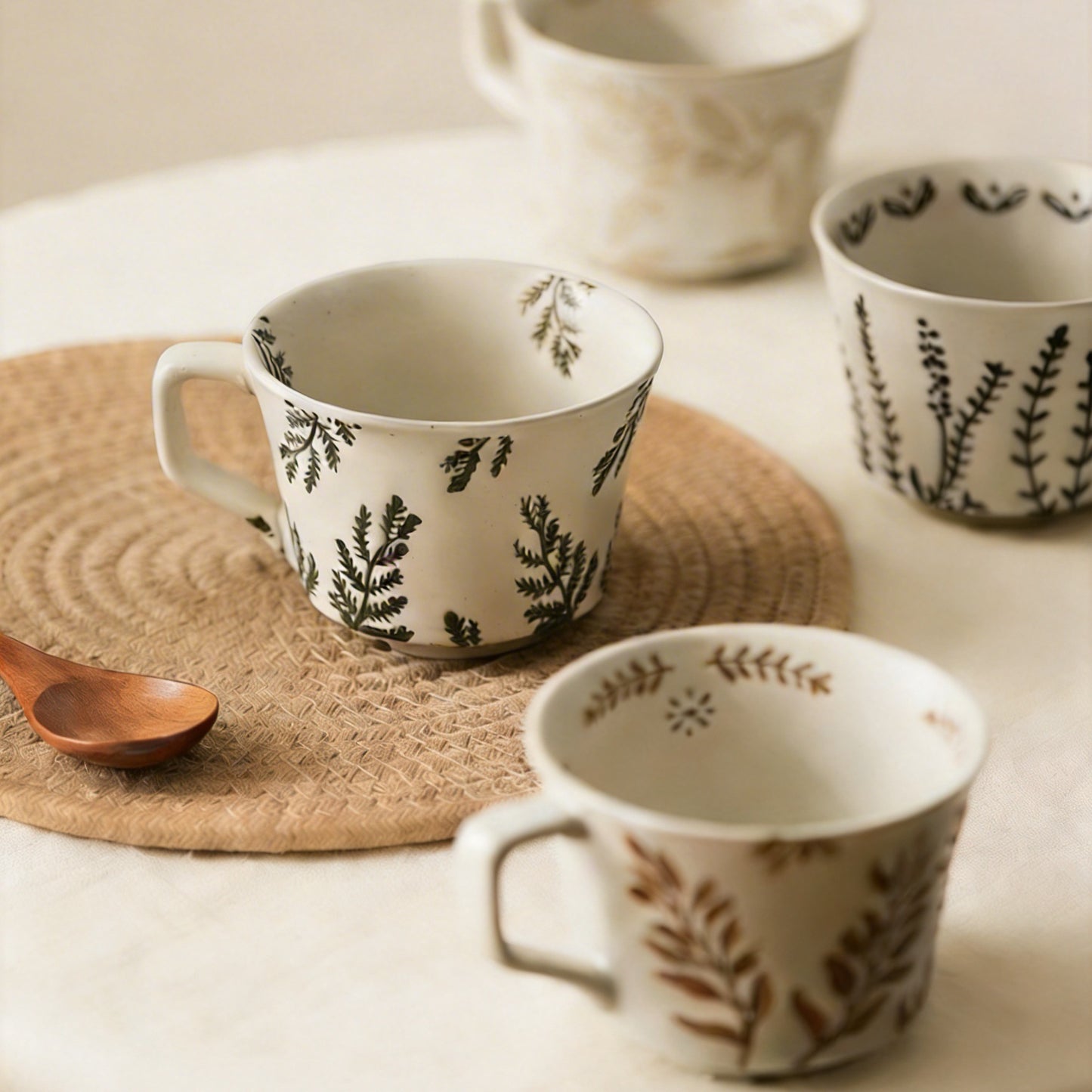 Leaf Pattern Ceramic Mug, Vintage Botanical Coffee Cup, 450ml