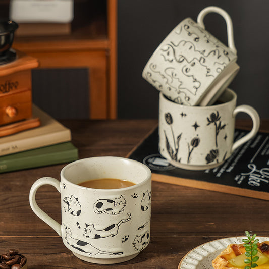 Patterned Ceramic Mug, White Speckled Porcelain Coffee Cup with Handle, 350ml
