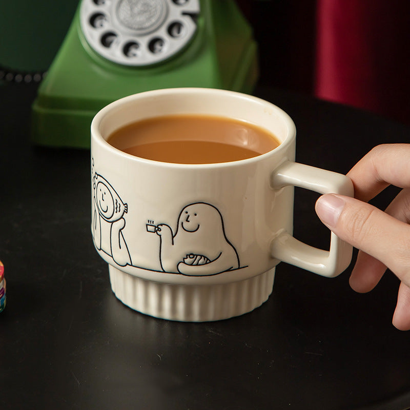 Cartoon Character Ceramic Mug, White Coffee Cup with Square Handle and Ribbed Base, 350ml
