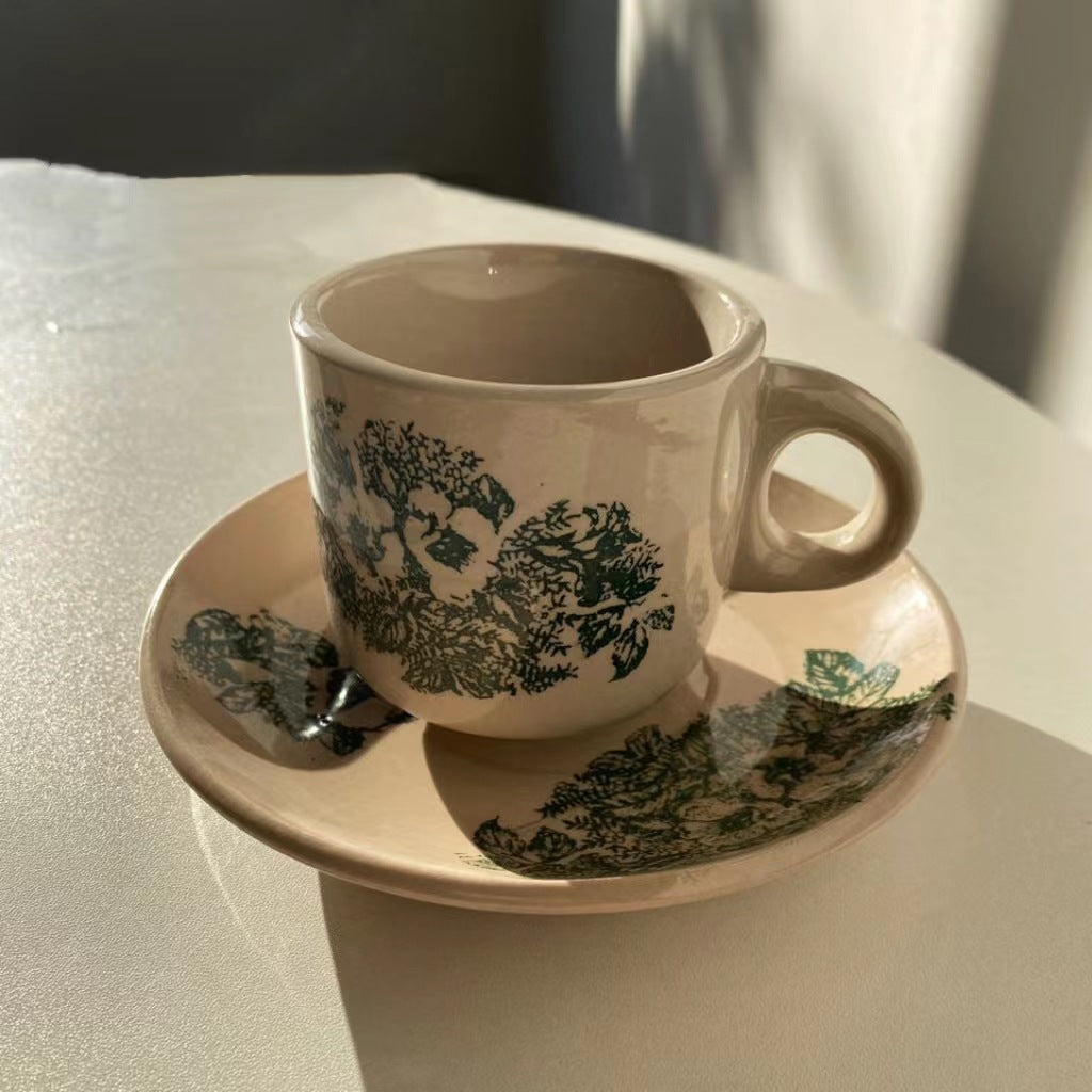 Ceramic Espresso Cup and Saucer Set, Floral Print Coffee Cup with Handle, 180ml