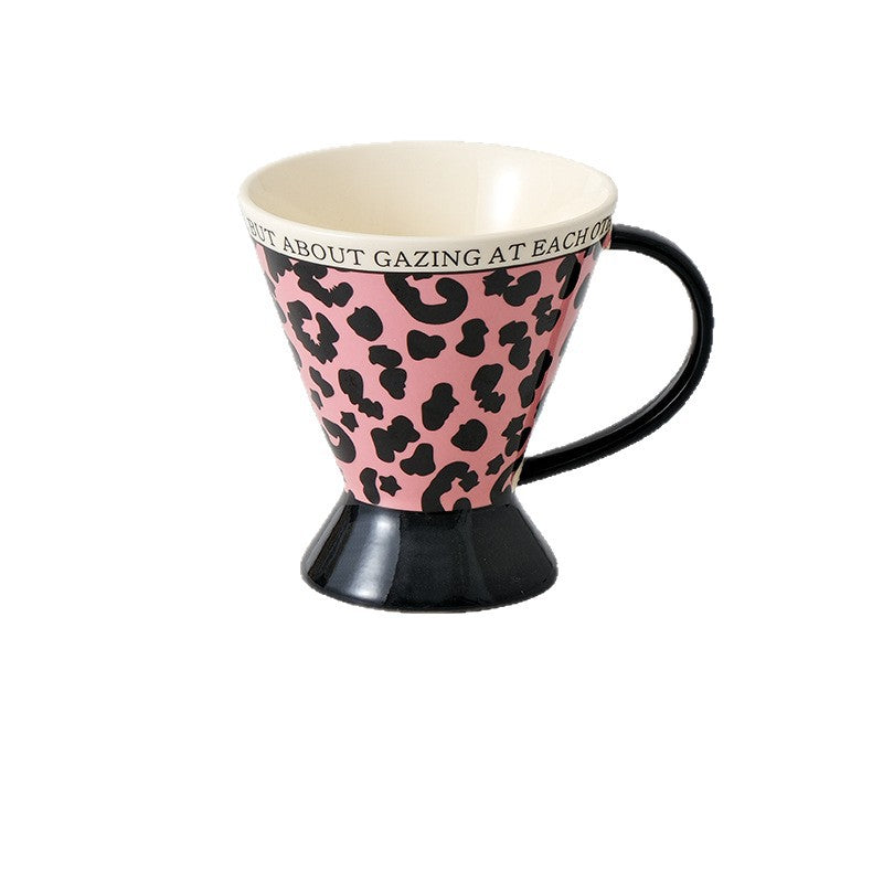 Leopard Print Ceramic Mug, Pink Coffee Cup with Handle and Pedestal Base, 350ml