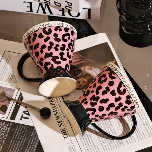 Leopard Print Ceramic Mug, Pink Coffee Cup with Handle and Pedestal Base, 350ml