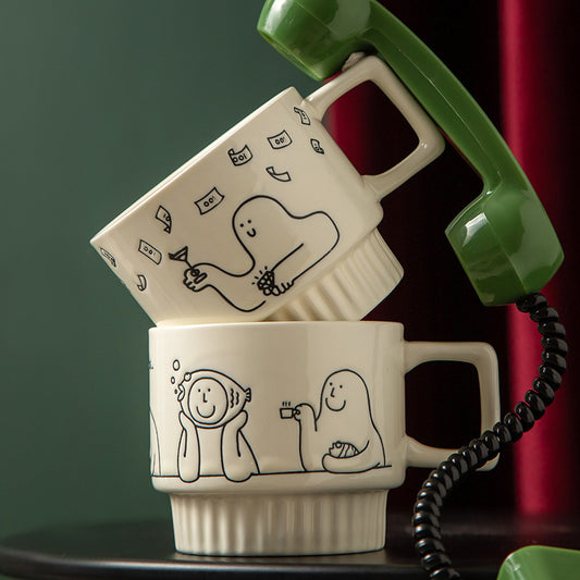 Cartoon Character Ceramic Mug, White Coffee Cup with Square Handle and Ribbed Base, 350ml