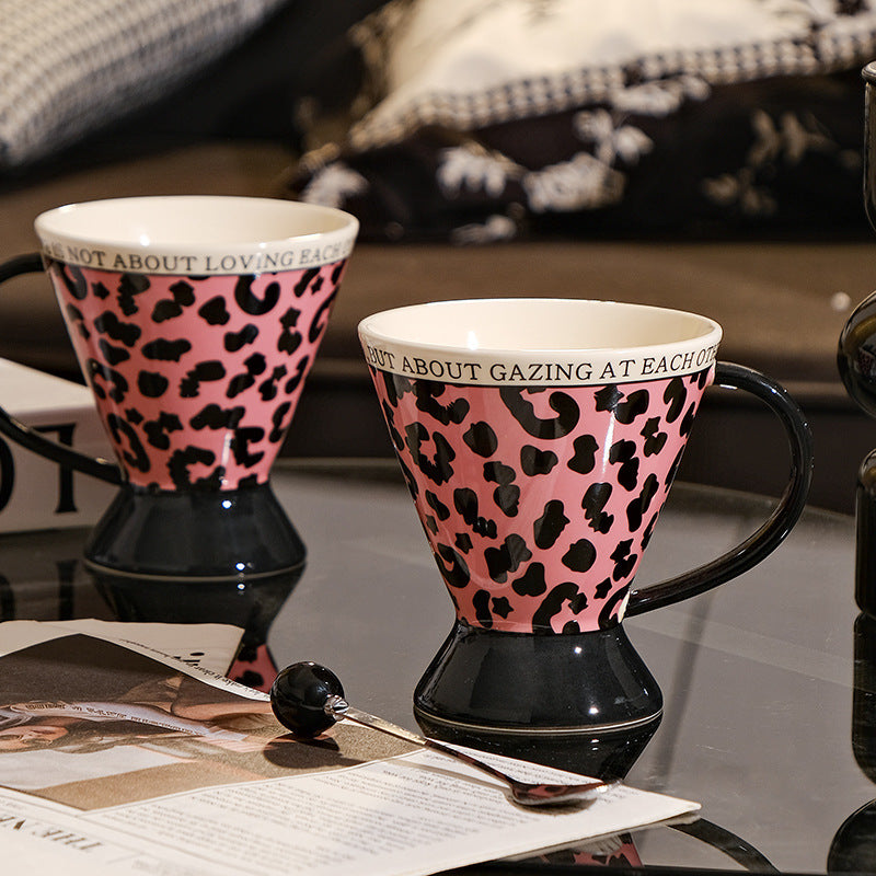 Leopard Print Ceramic Mug, Pink Coffee Cup with Handle and Pedestal Base, 350ml