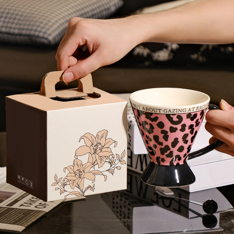 Leopard Print Ceramic Mug, Pink Coffee Cup with Handle and Pedestal Base, 350ml
