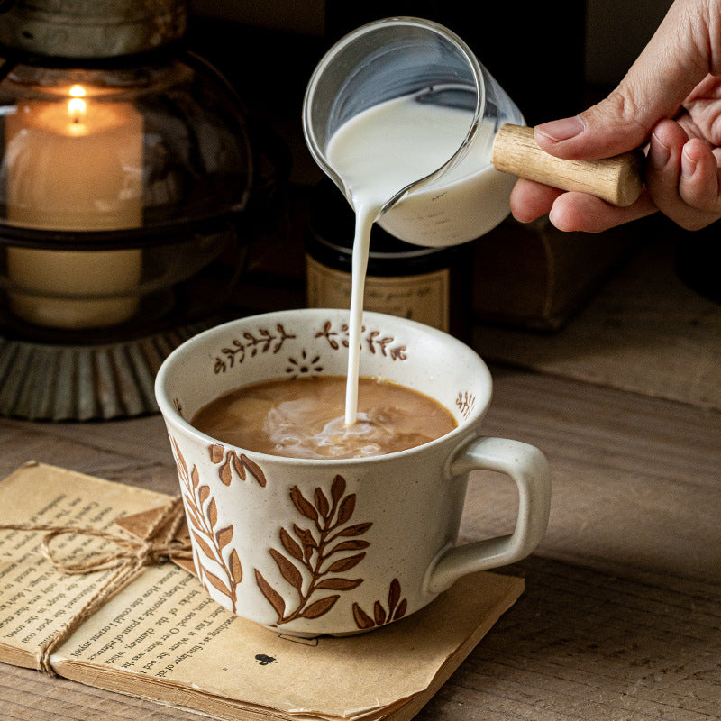 Botanical Pattern Ceramic Soup Mug, White Speckled Porcelain Coffee Cup with Handle, 500ml