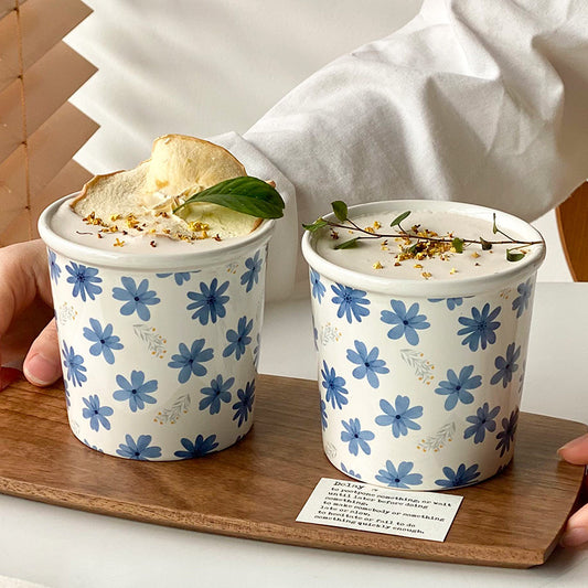 Blue Floral Ceramic Mug, White Coffee and Tea Cup, 400ml