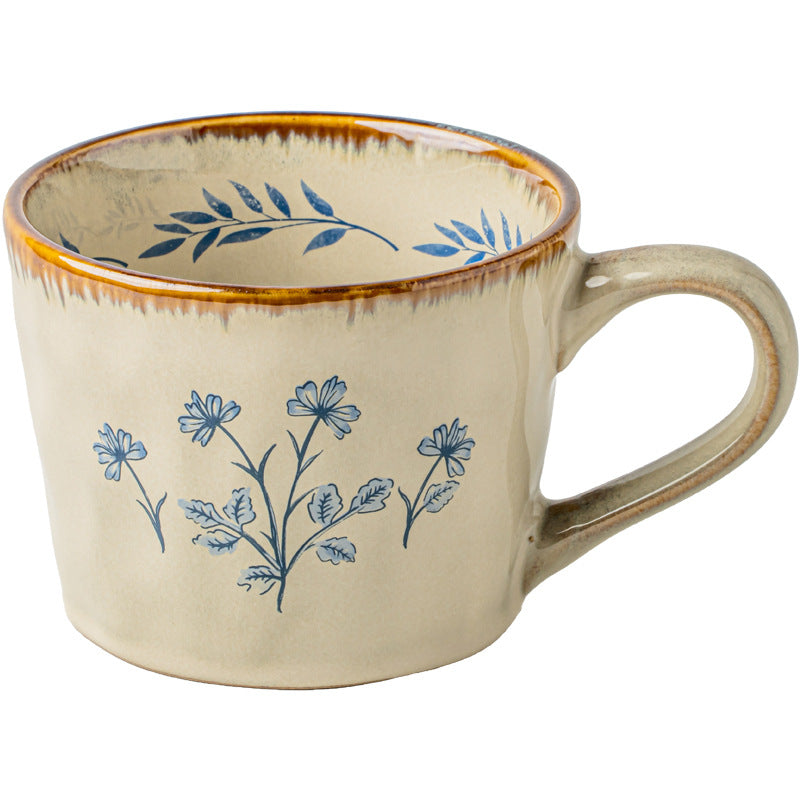 Floral Ceramic Mug with Wooden Lid, White Stoneware Coffee Cup with Handle, 450ml