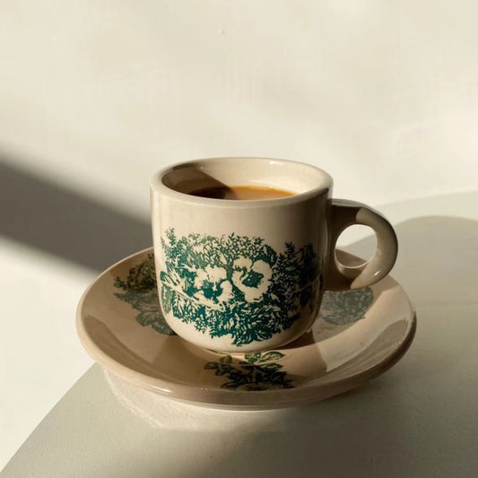 Ceramic Espresso Cup and Saucer Set, Floral Print Coffee Cup with Handle, 180ml