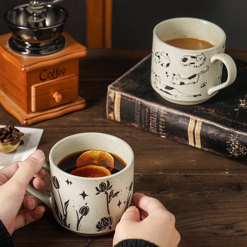 Patterned Ceramic Mug, White Speckled Porcelain Coffee Cup with Handle, 350ml
