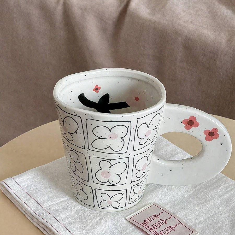 Floral Pattern Ceramic Mug, Coffee Cup with Round Loop Handle, 350ml