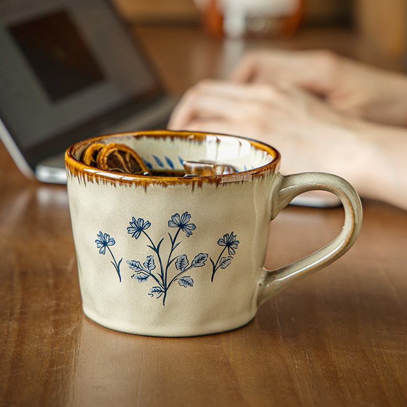 Floral Ceramic Mug with Wooden Lid, White Stoneware Coffee Cup with Handle, 450ml