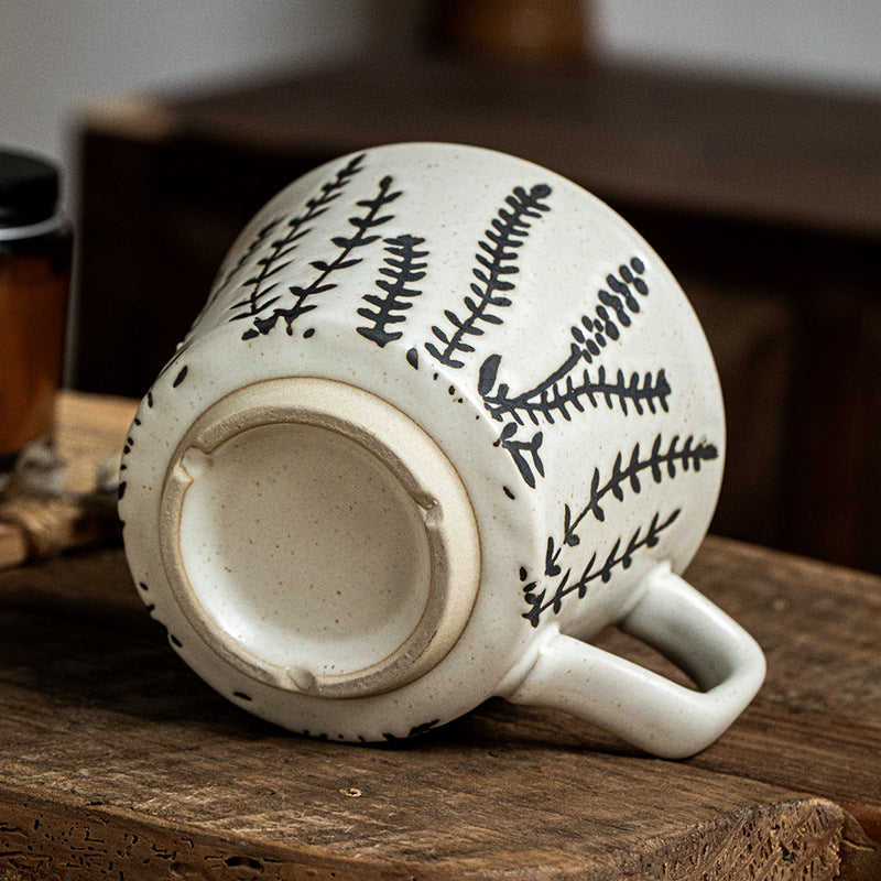 Botanical Pattern Ceramic Soup Mug, White Speckled Porcelain Coffee Cup with Handle, 500ml