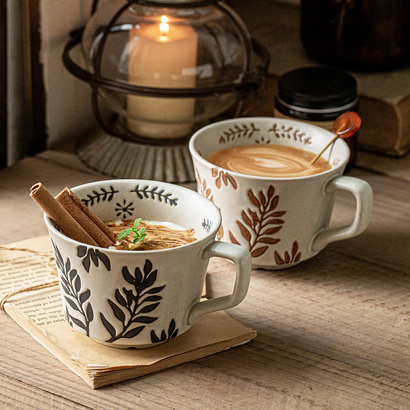 Botanical Pattern Ceramic Soup Mug, White Speckled Porcelain Coffee Cup with Handle, 500ml