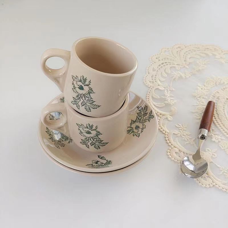 Ceramic Espresso Cup and Saucer Set, Floral Print Coffee Cup with Handle, 180ml