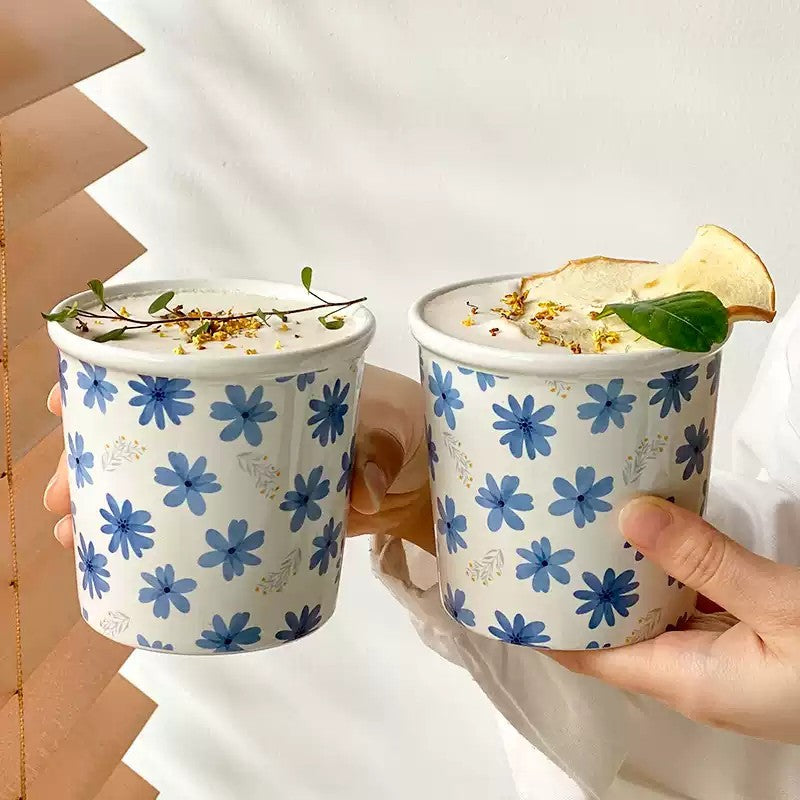 Blue Floral Ceramic Mug, White Coffee and Tea Cup, 400ml