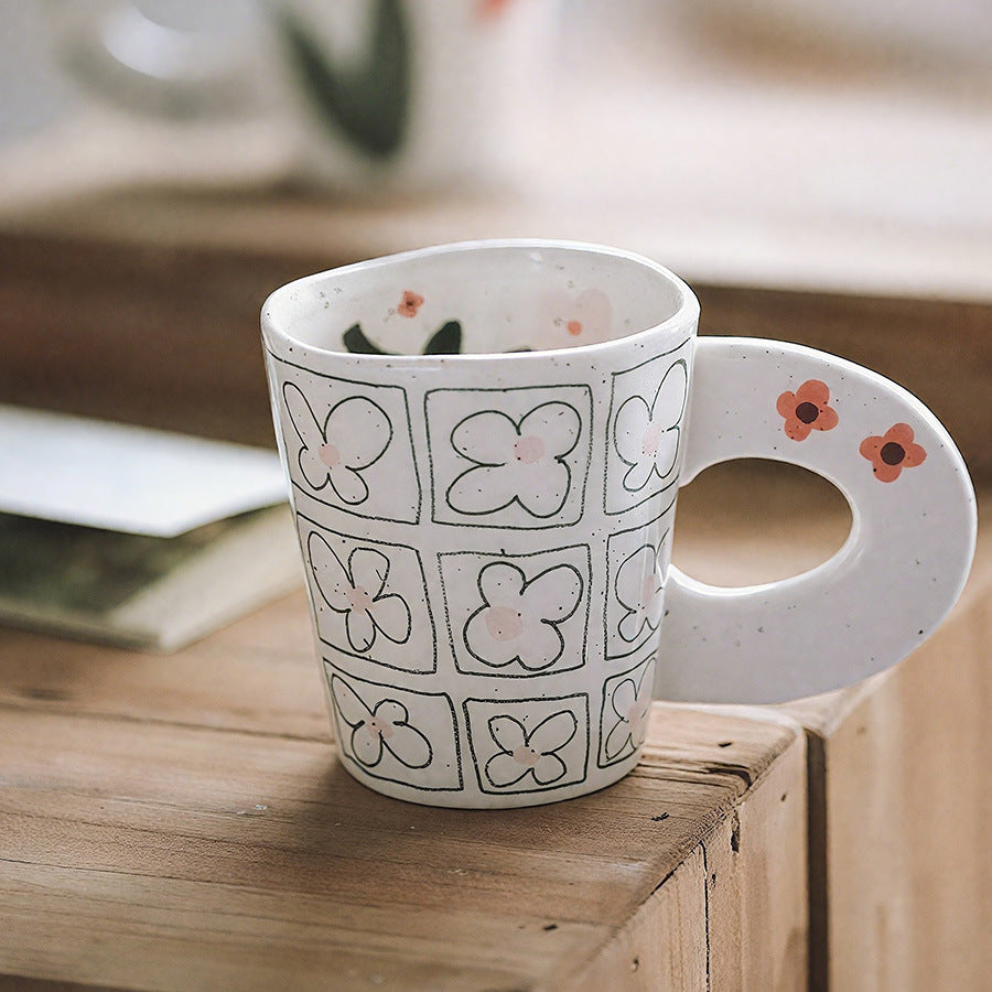 Floral Pattern Ceramic Mug, Coffee Cup with Round Loop Handle, 350ml