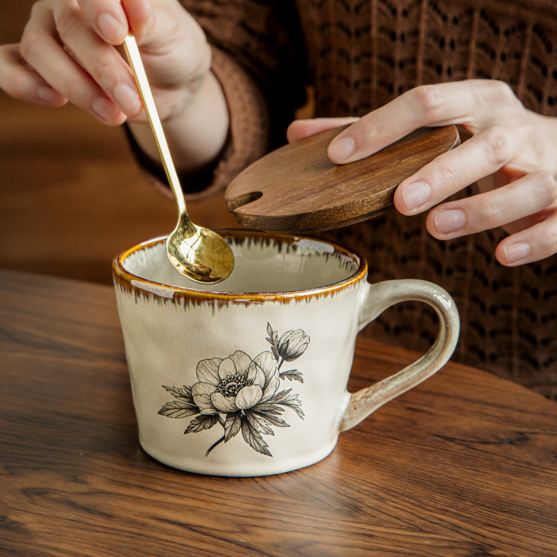 Floral Ceramic Mug with Wooden Lid, White Stoneware Coffee Cup with Handle, 450ml