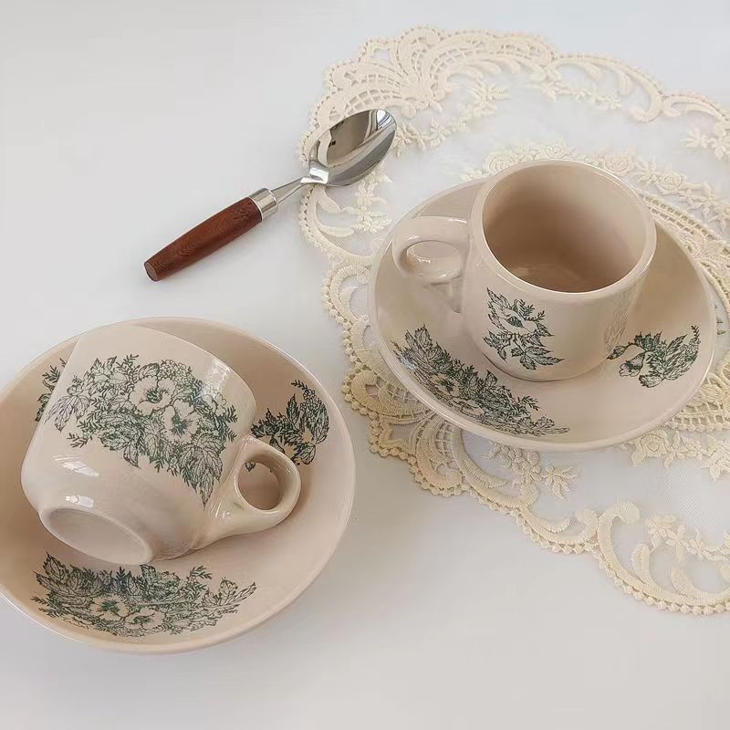 Ceramic Espresso Cup and Saucer Set, Floral Print Coffee Cup with Handle, 180ml
