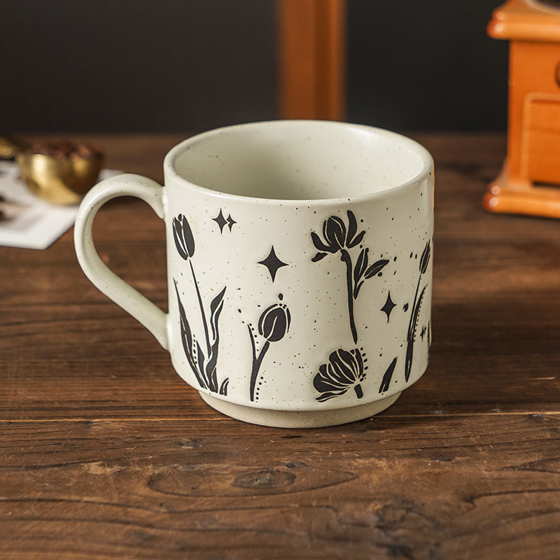Patterned Ceramic Mug, White Speckled Porcelain Coffee Cup with Handle, 350ml